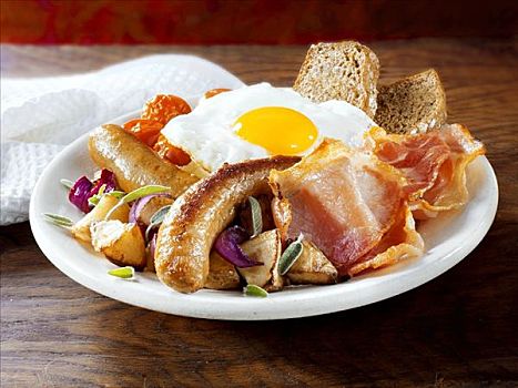 英国,早餐,香肠,熏肉,蛋,土豆,西红柿
