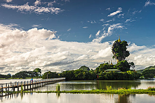 塔,石头,桥,人工湖,寺院,克伦邦,缅甸,亚洲