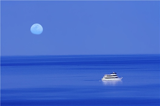 月亮,上方,蓝湖,船