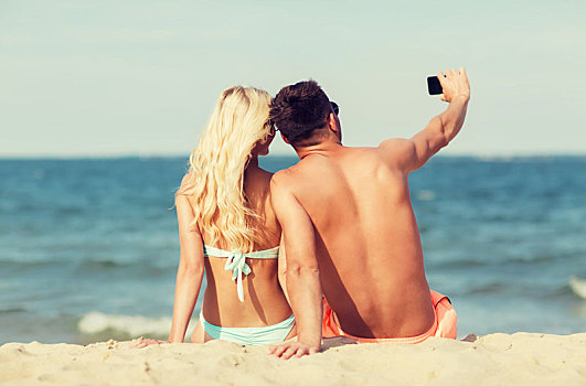 幸福伴侣,泳衣,坐,夏天,海滩