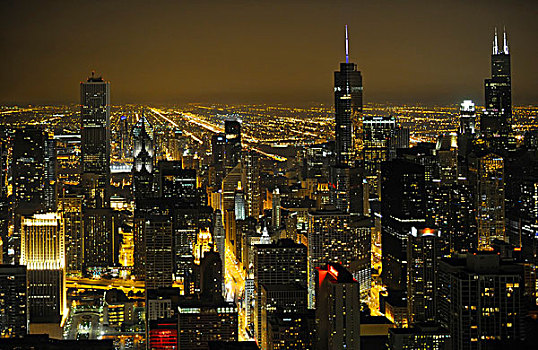 夜景,塔,2009年,川普大厦,阿奥中心,两个,谨慎的,广场,芝加哥,伊利诺斯,美国