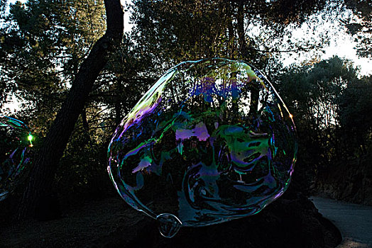 巨大,泡泡,漂浮,木头,天空,反射,阳光,图案,彩色,紫色,绿色,蓝色,奎尔公园,巴塞罗那,西班牙