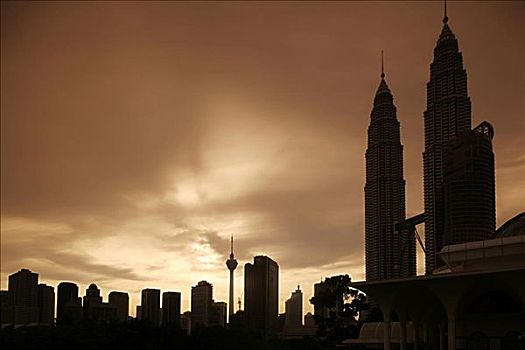 剪影,摩天大楼,城市,双子塔,吉隆坡,马来西亚