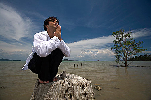 男人,祈祷,海滩,苏梅岛,泰国