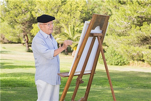 老人,穿,贝雷帽,上油漆,公园,画架