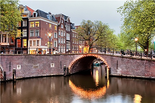 运河,桥,阿姆斯特丹,晚间