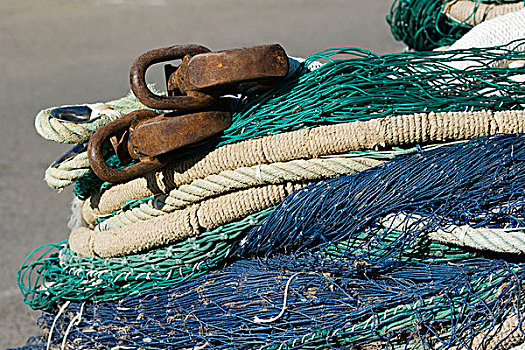 渔网,绳索,堆积,局部,特写