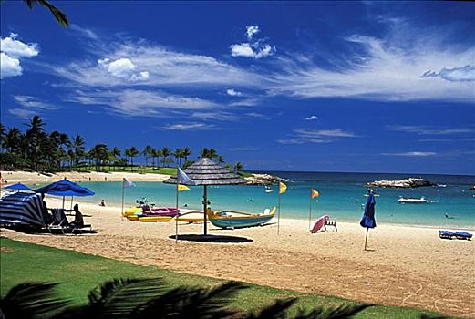 夏威夷,瓦胡岛,胜地,海滩,休闲椅,海滩伞,前景