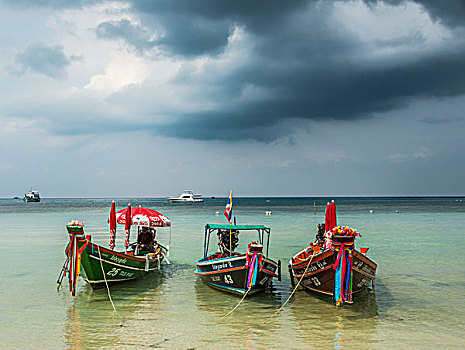 彩色,船,蓝绿色海水,乌云,龟岛,海湾,泰国,亚洲