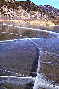 清澈冰湖上的裂纹