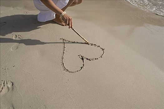 女人,绘画,心形,沙子,海滩