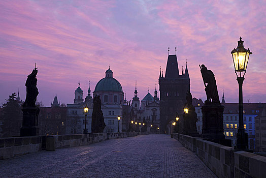风景,桥,城市,黎明,查理大桥,伏尔塔瓦河,布拉格,捷克共和国,欧洲
