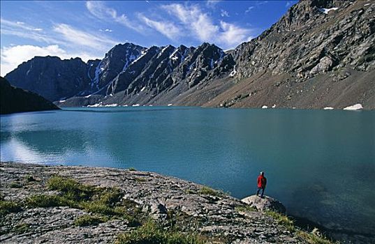 吉尔吉斯斯坦,湖,高海拔,一个,特征,跋涉,山脉