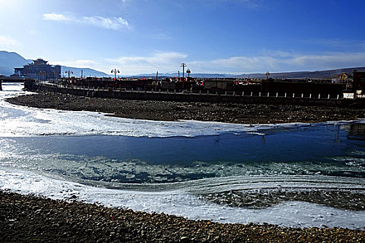 四川,西部,藏区,亚青寺,雪山,蓝天,云彩,佛塔,寺院,草原,雪,冰河