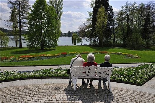 三个,老人,休息,长椅,花园,岛屿,巴登符腾堡,德国,欧洲