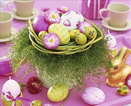 复活节草巢,雏菊,装饰,芦笋,复活节彩蛋