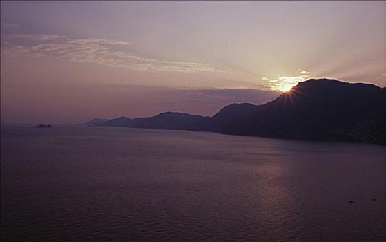 日落,上方,山,海湾,萨勒诺,阿马尔菲海岸,坎帕尼亚区,意大利