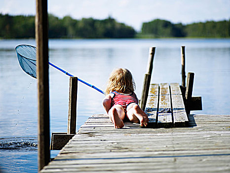 女孩,渔网,躺着,码头