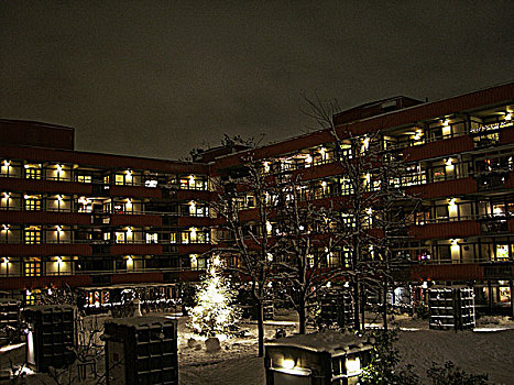 院落,公寓住宅区,夜晚,雪,冬天