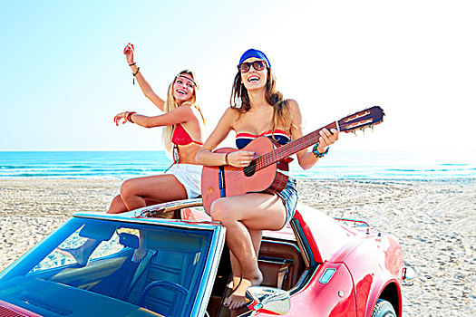 女孩,乐趣,弹吉他,海滩,敞篷车