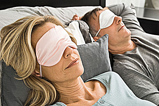 伴侣,睡觉,床,戴着,眼罩