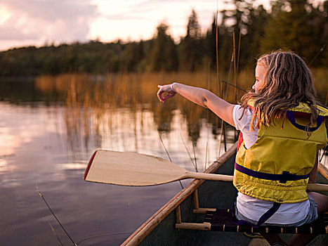 湖,木,安大略省,加拿大,女孩,独木舟