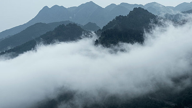 夏季,早晨,重庆,山镇,群山,中的,迷雾
