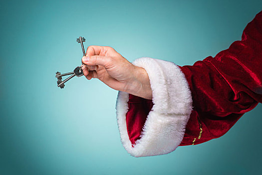手,圣诞老人,拿着,钥匙,蓝色背景,背景