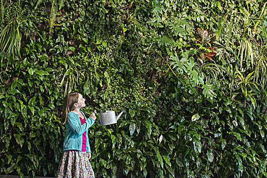 女孩,站立,正面,墙壁,遮盖,蕨类,攀缘植物