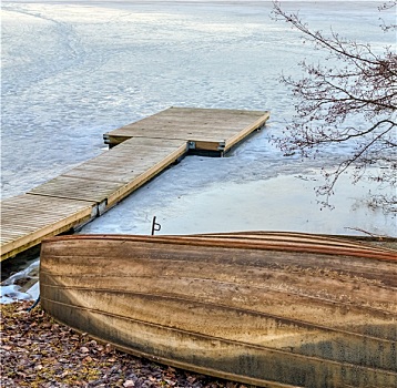 老,木质,划桨船,码头,冰冻,湖