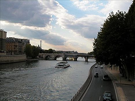 俯拍,渡轮,河,塞纳河,巴黎,法国