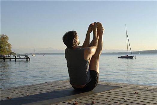 男人,瑜珈,木质,码头,湖