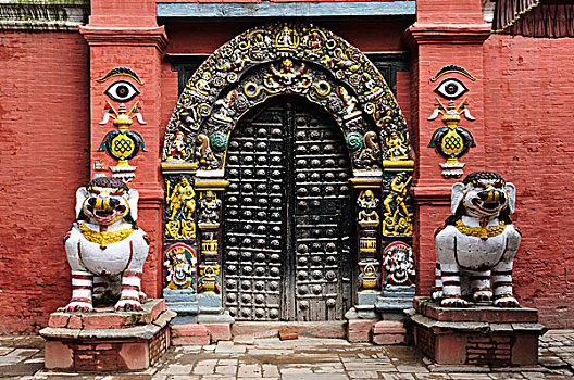 狮子,大门,庙宇,杜巴广场,加德满都,尼泊尔