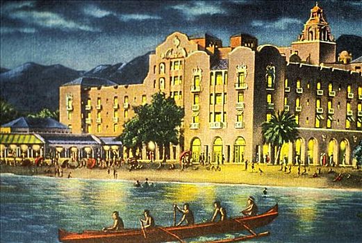 20年代,明信片,夏威夷,瓦胡岛,怀基基海滩,独木舟,桨手,海洋,夜晚,正面,皇家,酒店
