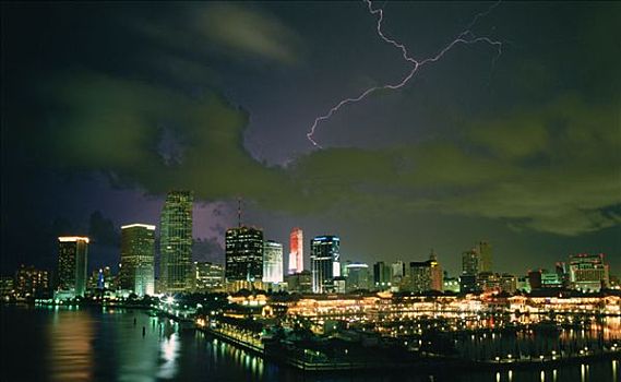 闪电,上方,迈阿密,天际线,佛罗里达,美国