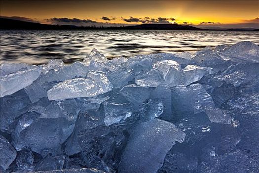 冰,日落,岛,康士坦茨湖,巴登符腾堡,德国