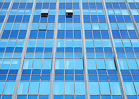 现代办公室,建筑,远景,蓝色,玻璃,两个,打开,窗户