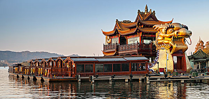 杭州,中國,十二月,木質,娛樂,船,龍,停泊,西部,湖,著名,公園,市中心