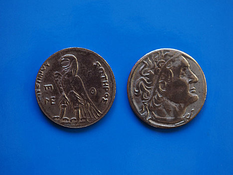 古希腊,硬币,上方,蓝色