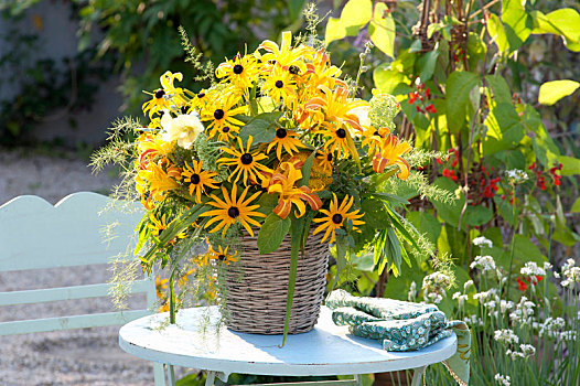黄色,夏日花束,篮子,花瓶,黄雏菊属植物