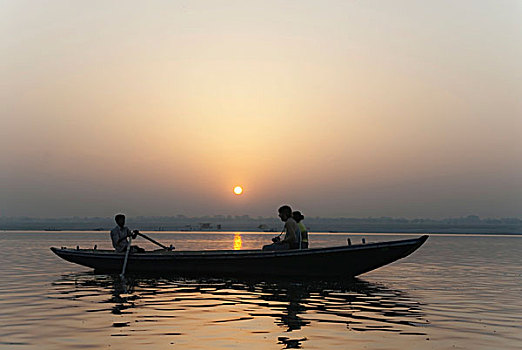 伴侣,船,看,日出,恒河,瓦腊纳西,印度,亚洲