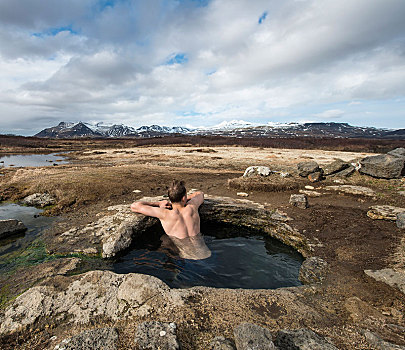 男青年,温泉,靠近,韦斯特兰德,冰岛,欧洲