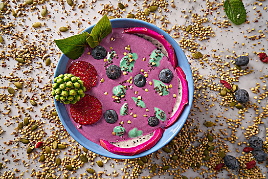 碗,冰沙,草莓,蓝莓,种子,火龙果
