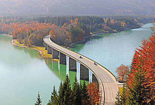桥,水库,秋天,伊萨河,上巴伐利亚,德国,欧洲