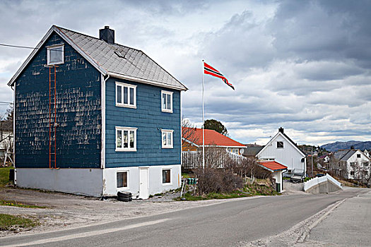 小,挪威,乡村,风景,彩色,木屋,旗帜