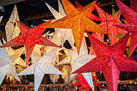 悬挂,剪纸,星,灯,圣诞市场,美因茨,德国