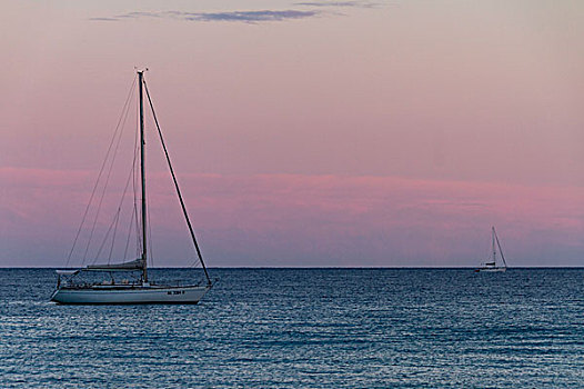 两个,帆船,帆,平静,海洋,靠近,南方,海岸,萨丁尼亚,日落,地中海,意大利