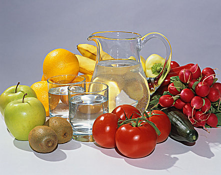 玻璃,玻璃瓶,水,两个,玻璃杯,果蔬