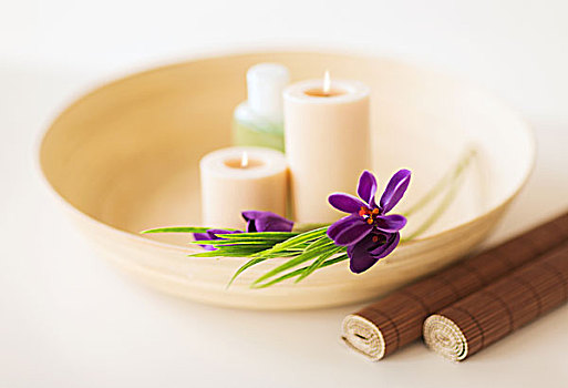 水疗,健康,美容,概念,蜡烛,鸢尾,花,木碗,竹垫