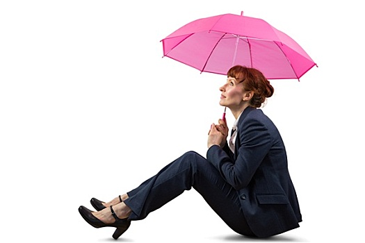 坐,职业女性,拿着,粉色,伞